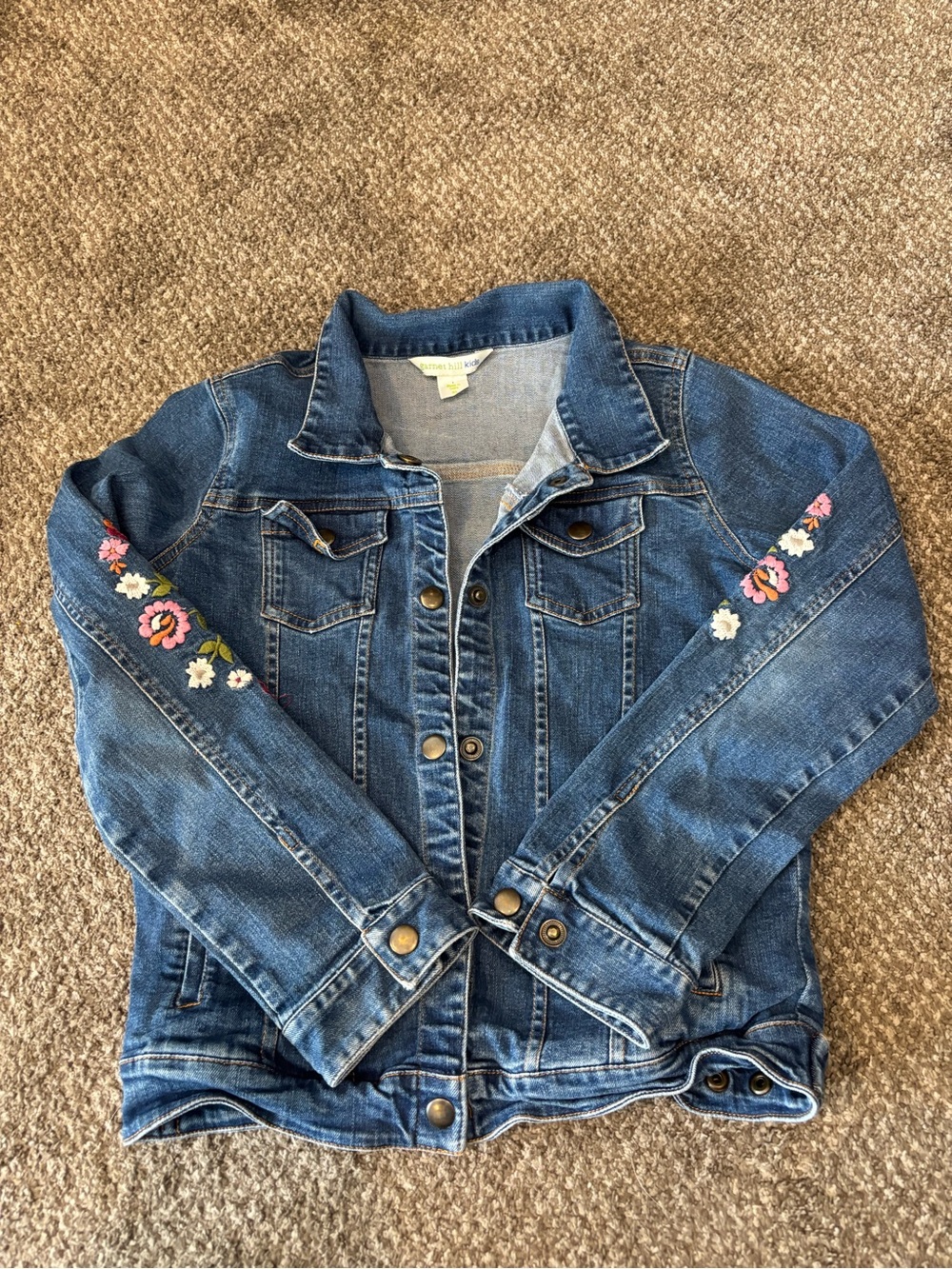 Garnet Hill Blue Denim Jacket with Floral Sleeve Embroidery